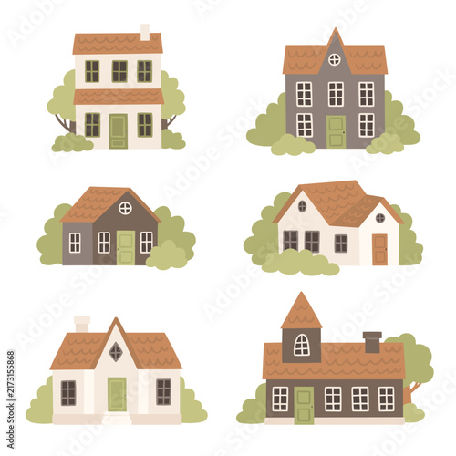 Cute houses set. Vector illustrations in flat style on white background. Different cartoon buildings with green trees. Design elements
