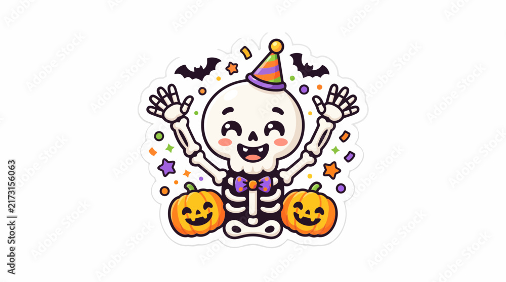 Fototapeta premium Cute halloween skeleton character wearing a colorful party hat and bow tie surrounded by carved pumpkins and flying bats in this vibrant flat vector illustration design for festive holiday decor