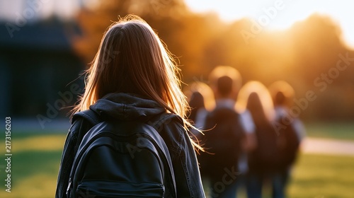 Young girl with backpack looking at friends at sunset