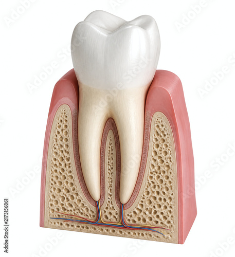 Healthy tooth anatomy in gum and jaw cross section