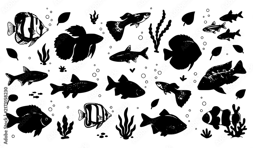 Obraz premium Set of hand drawn aquarium fish silhouettes and seaweed elements on a white background for design projects