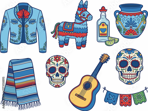 This vibrant image showcases traditional fiesta elements including a piñata, sombrero, guitar, and beautifully decorated sugar skulls for a festive atmosphere.
