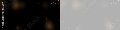 Konstfotografi Glowing soft golden starbursts scattered on a dark black background with subtle