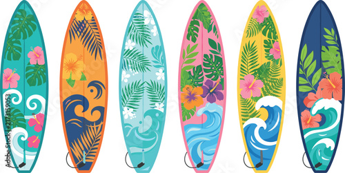 Colorful Tropical Surfboard Collection with Floral Leaves and Ocean Wave Patterns