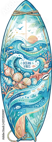 Ocean Vibes Surfboard Illustration with Waves Seashells Coral and Marine Life
