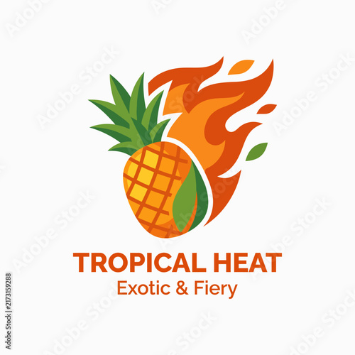 This vibrant logo for 'Tropical Heat' combines a pineapple and flames, symbolizing exotic flavors and spicy experiences, ideal for a food brand or restaurant.