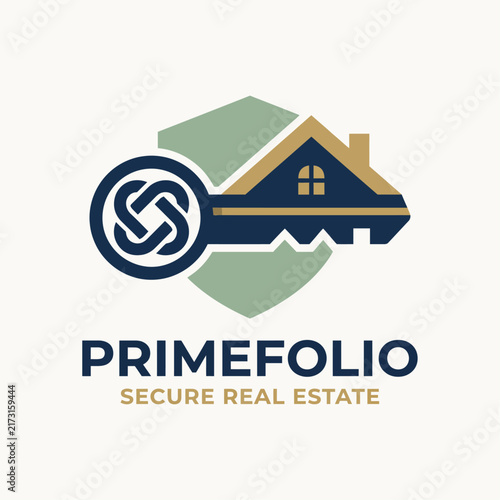 This logo combines a house and a key within a shield, representing security and trust in the real estate market, ideal for a company focused on secure property transactions.