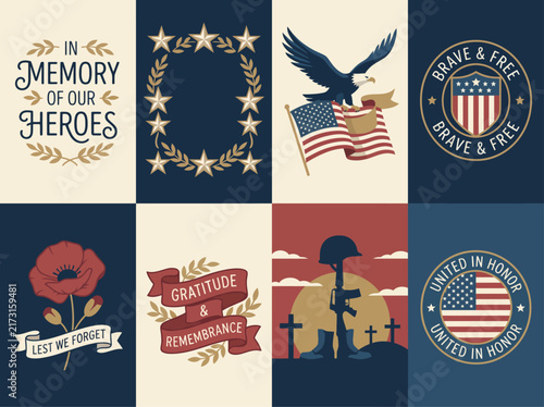 This image collection pays tribute to heroes and showcases patriotic symbols, representing honor, appreciation, and remembrance during national celebrations and commemorations.