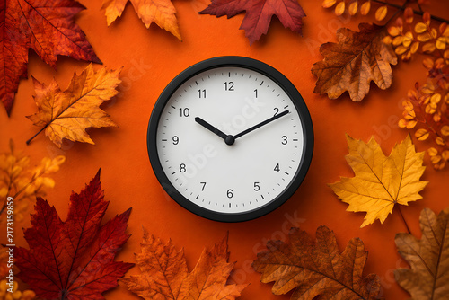 Autumn Wall Clock Surrounded by Colorful Fallen Leaves on Orange Background for Seasonal Time Concept
