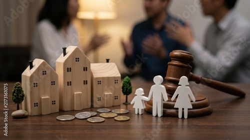 Property division and family law dispute with wooden houses and gavel
