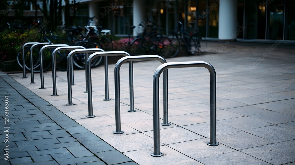 Obraz premium Modern metal bike racks arranged in a row on a paved plaza with bicycles parked in the background