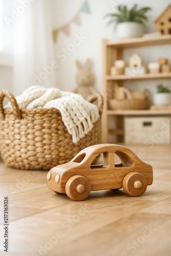 Handcrafted wooden toy car on nursery floor with woven basket and soft knit blanket for children's room decor and playroom background