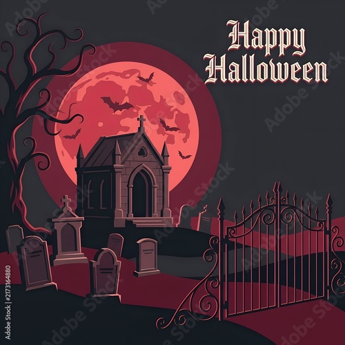 Happy Halloween. Spooky Graveyard View With Red Moon. Spire Church Mausoleum. Gothic Cemetery Art With Bats. Vintage Horror Typography. October 31st Background.