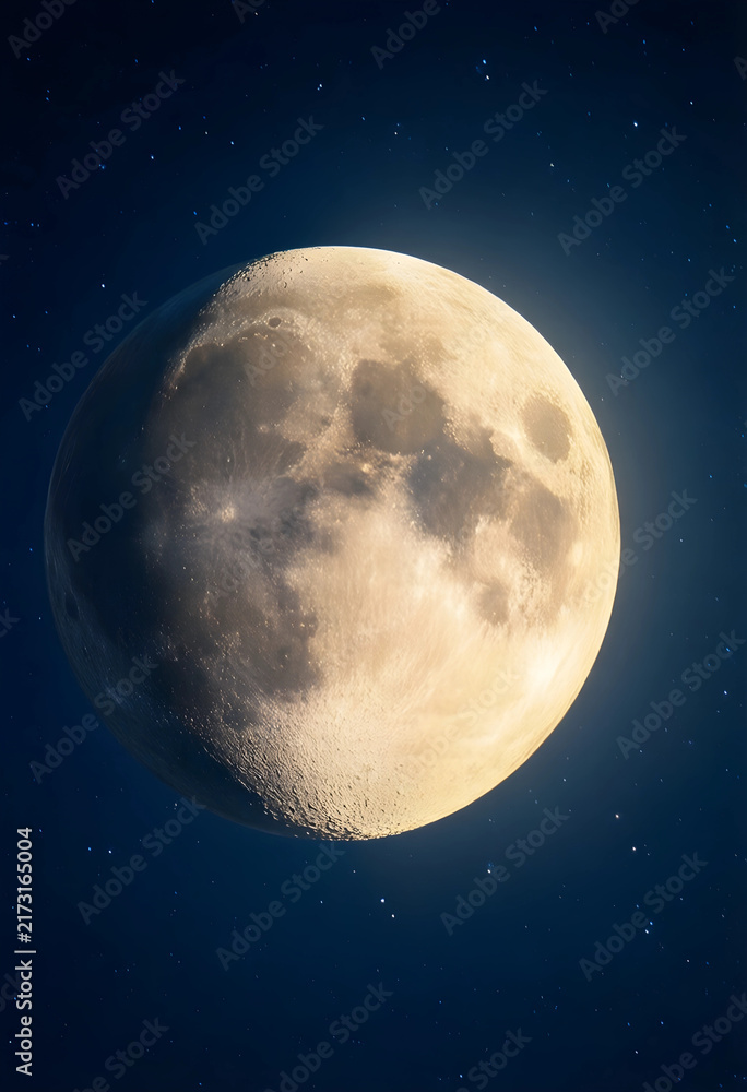 Obraz premium Astronomy and space exploration, full moon glowing in the dark night sky with visible craters and star field background for science and nature themes