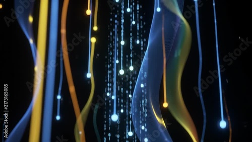 Glowing colorful neon threads descending vertically through a dark space creating futuristic visual effects with shimmering particles flowing downwards for entertainment and technology projects