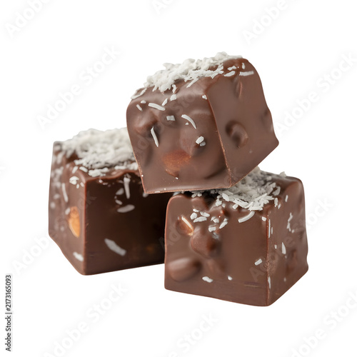 Coconut rough chocolate bites with coconut flakes Isolated on white and transparent background