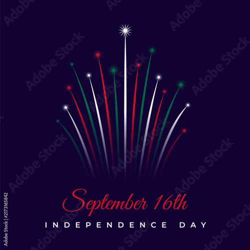 September 16 mexico independence day, mexican colorful fireworks flag on dark blue sky. Mexico national holiday independence day is september 16th. Greeting card. Vector illustration