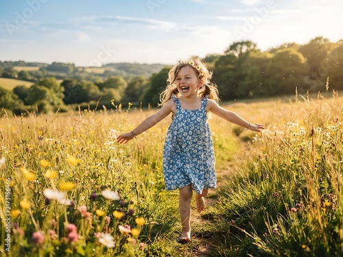 Playing in a Sunlit Outdoor Field with a Happy Childhood Smiling Little Girl