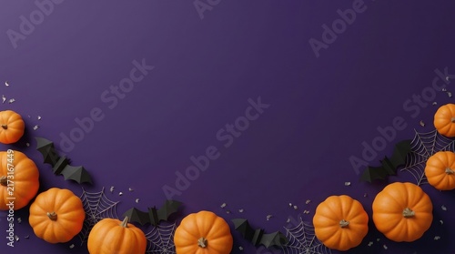 Orange pumpkins and bats on a purple halloween background