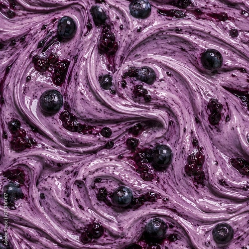 Blueberry Cream Swirl Texture with Fresh Berries Macro, Purple Yogurt Dessert Close-Up