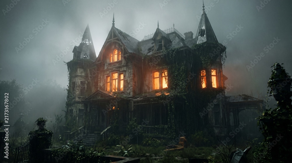 Obraz premium Abandoned Victorian Mansion with Glowing Windows in Fog
