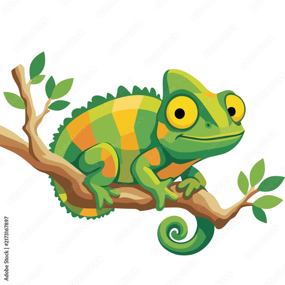 Obraz premium A vibrant green chameleon with striking yellow eyes sits calmly on a branch, showcasing its unique colors and playful character in a whimsical illustration that captivates viewers.