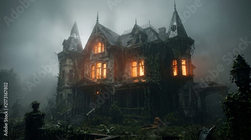 Abandoned Victorian Mansion with Glowing Windows in Fog