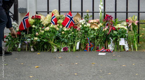 Photography Person placing flowers honoring King Harald V at national mourning