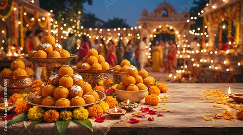 A colourful display of delicious Indian motichoor ladoos during a festive celebration at nightfall