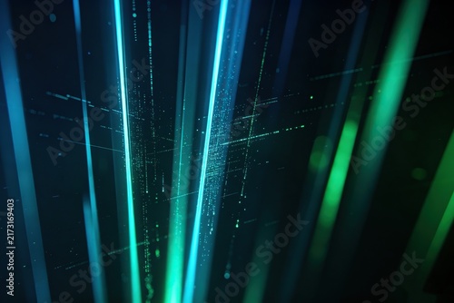 Abstract Digital Data Stream Background, Cyan and Emerald Glowing Columns