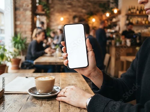 In a cafe, a hand is clutching a modern phone with a blank screen.