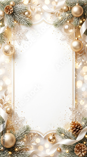 Elegant Christmas card frame with gold ornaments, pine branches, snowflakes, and lights. for holiday greetings, New Year messages, invitations, festive banners, posters, winter marketing materials