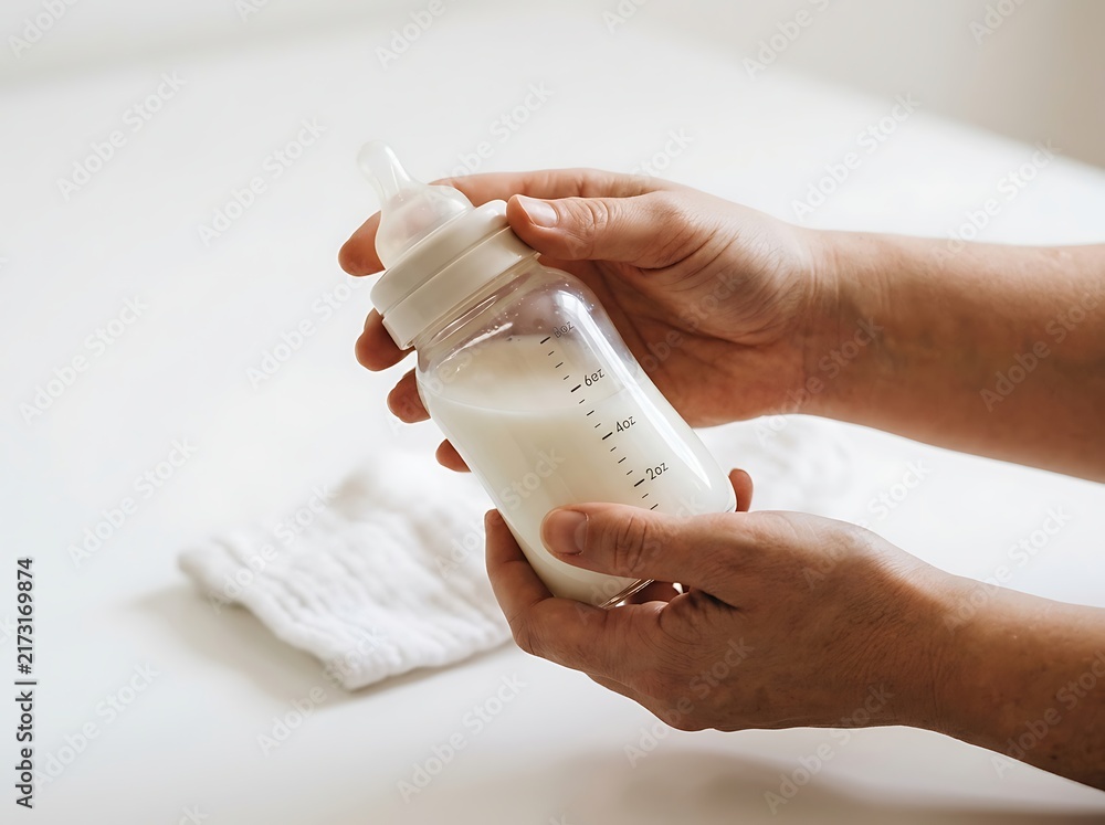 Naklejka premium On a white background, hands with a baby bottle full of milk are getting ready to feed a baby in a private setting.