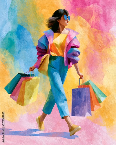Woman carrying colorful shopping bags in vibrant fashion and retail illustration