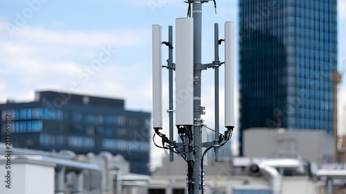 Modern rooftop telecommunications antenna array with multiple directional panels against urban skyline backdrop