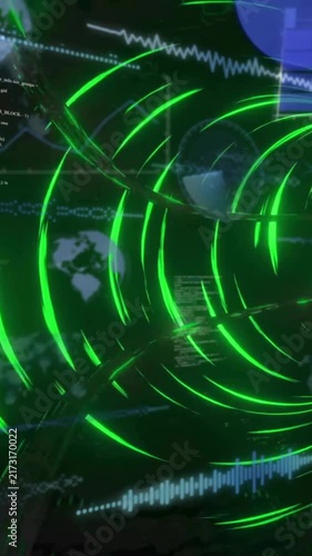 Animation of data processing with diagrams and digital tunnel on black background