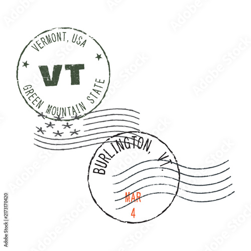 Two vintage Burlington, Vermont postal stamps – retro postmark with VT abbreviation and date.