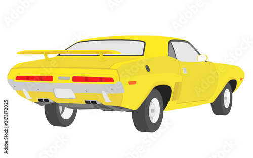 Yellow muscle car in flat vintage style, rear view showcasing iconic taillights and bold curves on clean white background.