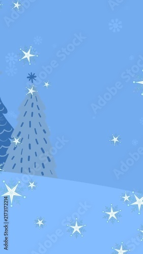 Animation of star icons falling over christmas trees on winter landscape with copy space