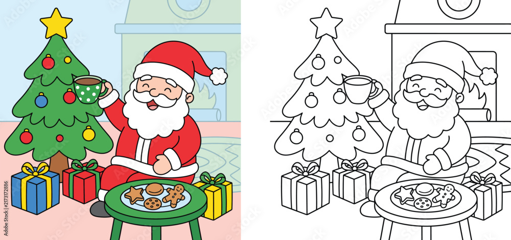 Fototapeta premium Cute Santa Claus with Christmas Tree and Cookies Coloring Page and Colored Vector Illustration for Kids Activity Book