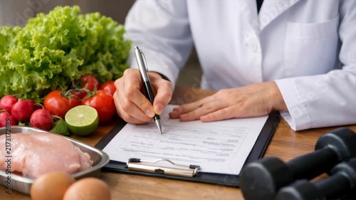Professional nutritionist creating healthy meal plan with fresh vegetables on workplace table