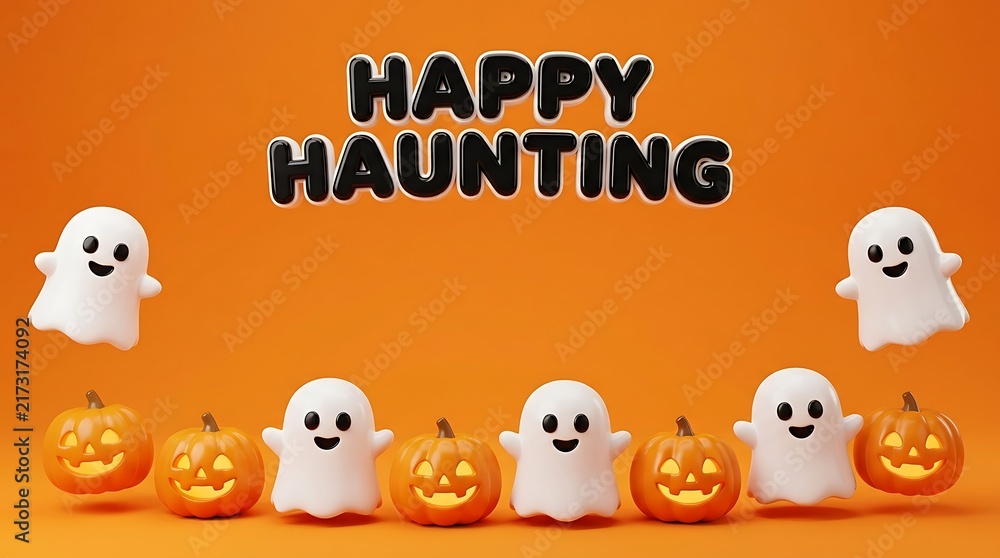 Fototapeta premium 3 d rendered white ghosts and glowing orange jack o lanterns arranged on a solid orange background with black bubble text reading h a p y h a u n t i n g above the characters