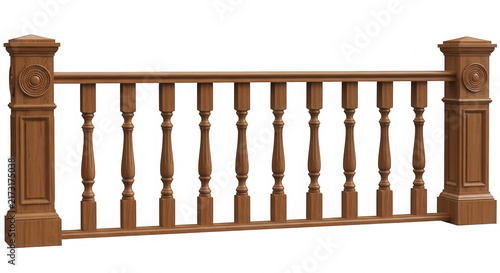 Classic brown wooden stair railing with decorative carved posts isolated on transparent background