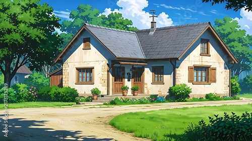 European-style anime cottage in the countryside, 3D render