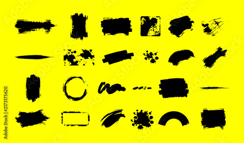 Black grunge ink brush strokes abstract shapes for paint background and text box