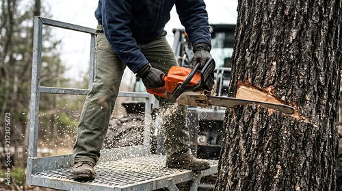 Lumberjack using a professional chainsaw to cut down a large tree in the woods