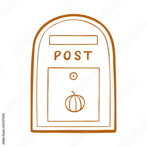 Hand-drawn line art illustration of a mailbox with a pumpkin symbol. Outline vector clip art for autumn print design, stickers, post, and stationery projects.