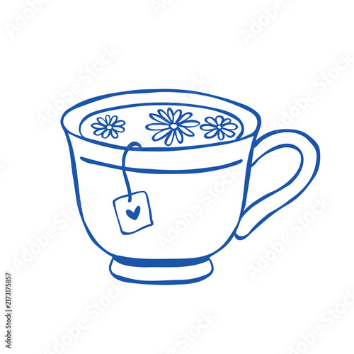 Hand-drawn line art illustration of a porcelain tea cup. Vector clipart for tea shop branding, stickers, cafe menu, logo, or print design. Outline drawing of a chamomile hot drink.