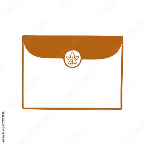 Line art vector illustration of a closed envelope with maple leaf seal. Hand-drawn clip art for mail packaging, autumn card, or seasonal sticker. Postcrossing element.