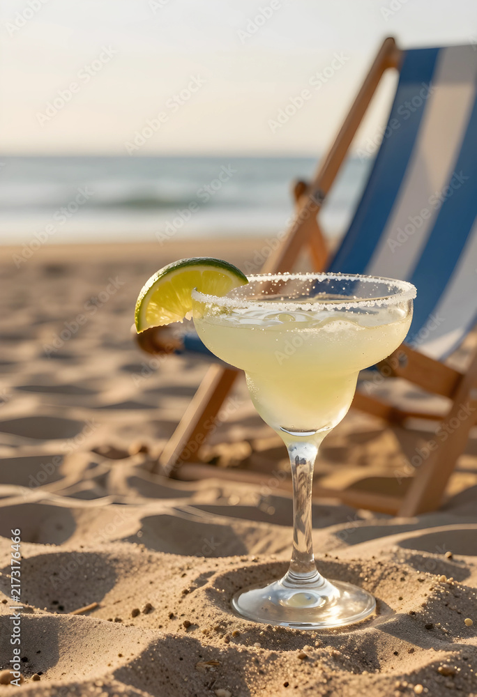 Obraz premium Vacation and summer travel, margarita cocktail with lime on sandy beach with deck chair at sunset for tropical holiday relaxation and leisure lifestyle